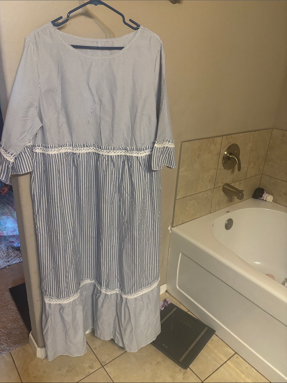 SHEIN Blue & White Striped Maxi Dress with Lace Trim